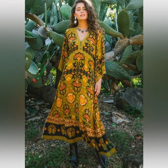 NINE LIVES BAZAAR EMPIRE DRESS COYOTE boho floral print Maxi Dress NWT XXL - Picture 2 of 15